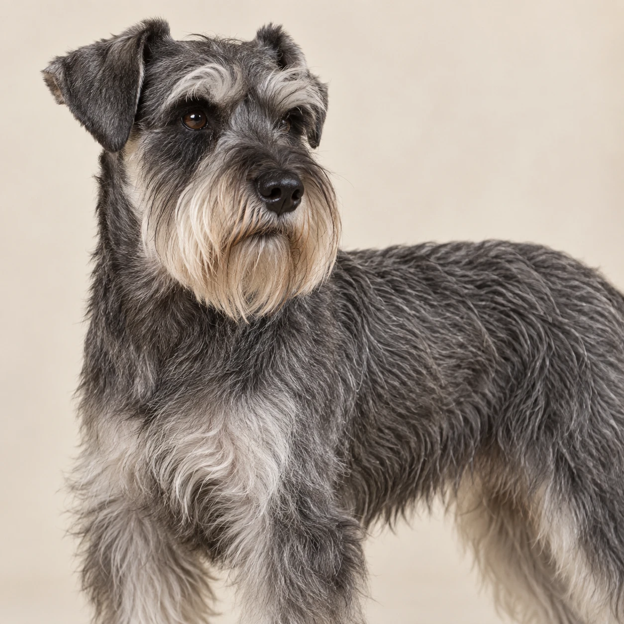 Wiry / coarse — Rougher, firmer outer hair, often with a beard or eyebrows.